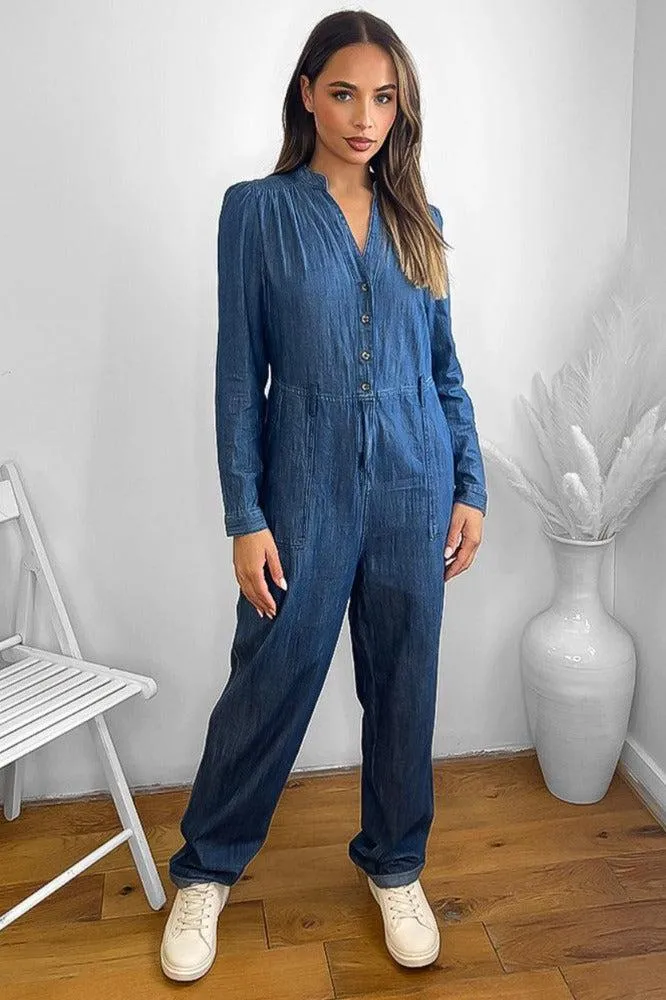 100% Cotton Dark Blue Denim Pleated Shoulders Smart Jumpsuit