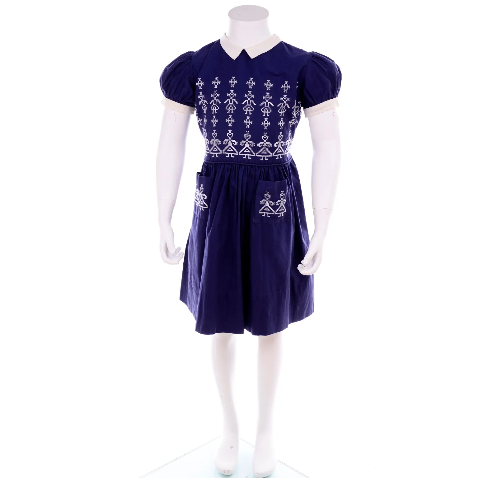 1950s Vintage Little Girls Dress in Navy Blue W Cross Stitch Figures