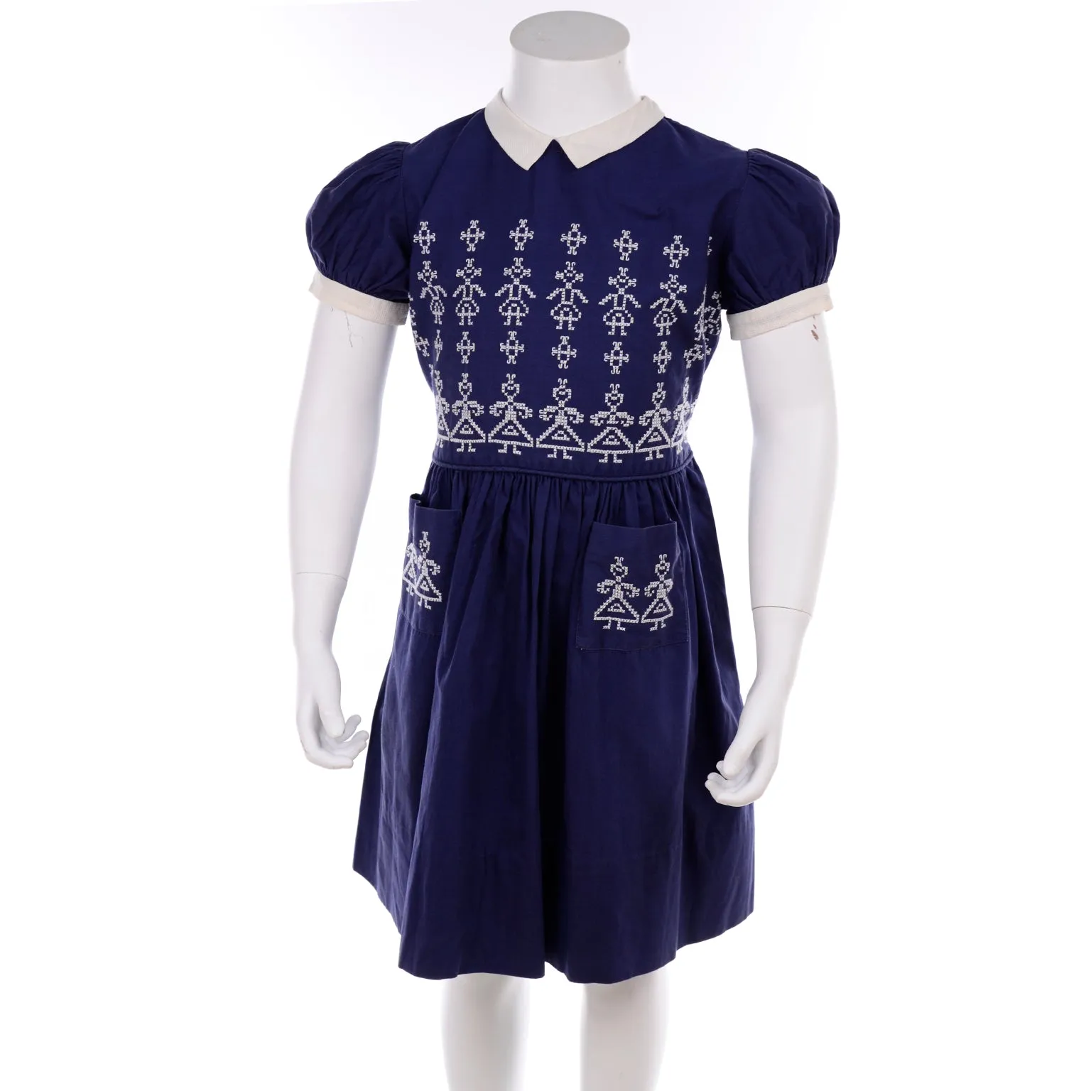 1950s Vintage Little Girls Dress in Navy Blue W Cross Stitch Figures