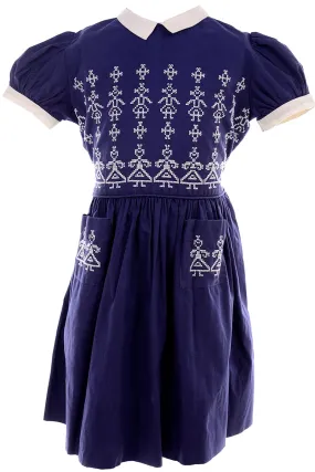 1950s Vintage Little Girls Dress in Navy Blue W Cross Stitch Figures