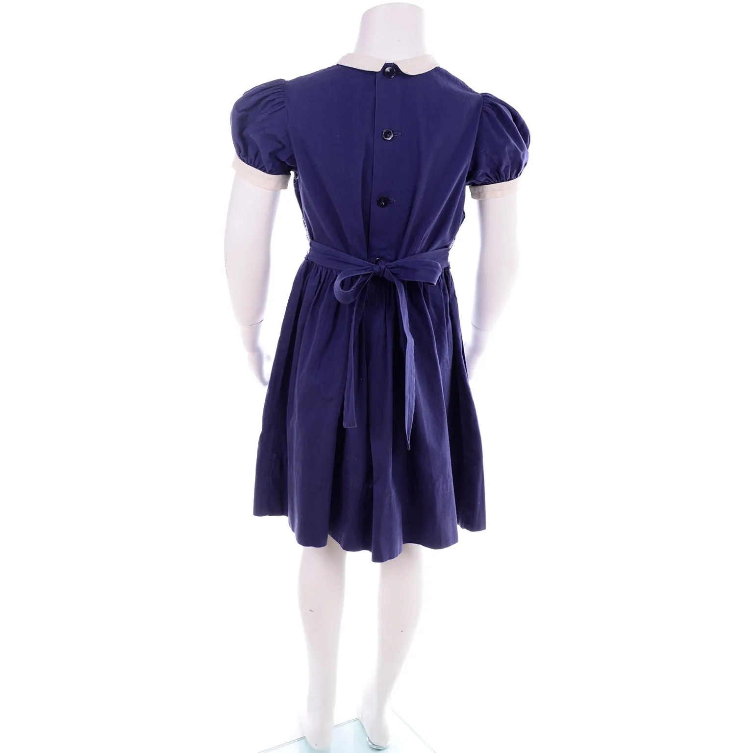 1950s Vintage Little Girls Dress in Navy Blue W Cross Stitch Figures