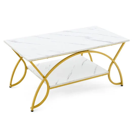 2-Tier Coffee Table Gold Rectangle for Living Room-White