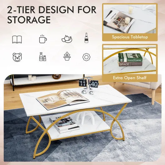 2-Tier Coffee Table Gold Rectangle for Living Room-White