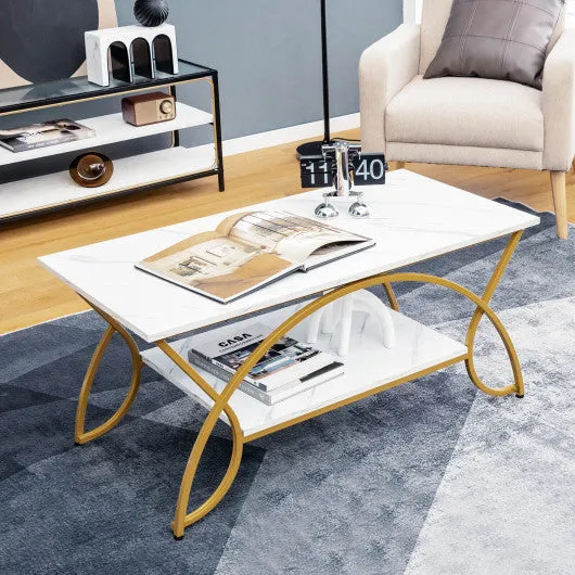 2-Tier Coffee Table Gold Rectangle for Living Room-White