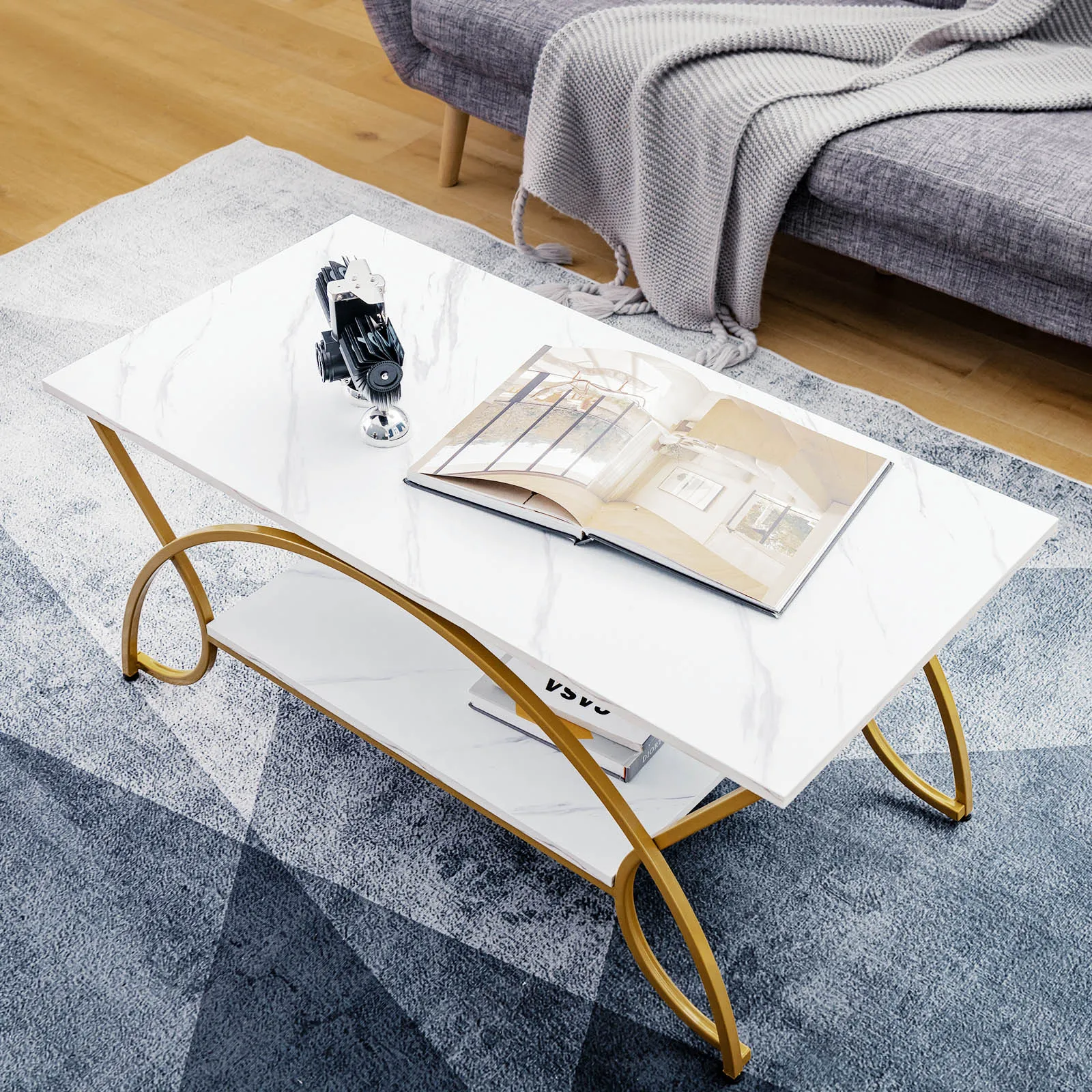 2-Tier Faux Marble Coffee Table with Golden Metal Frame-White