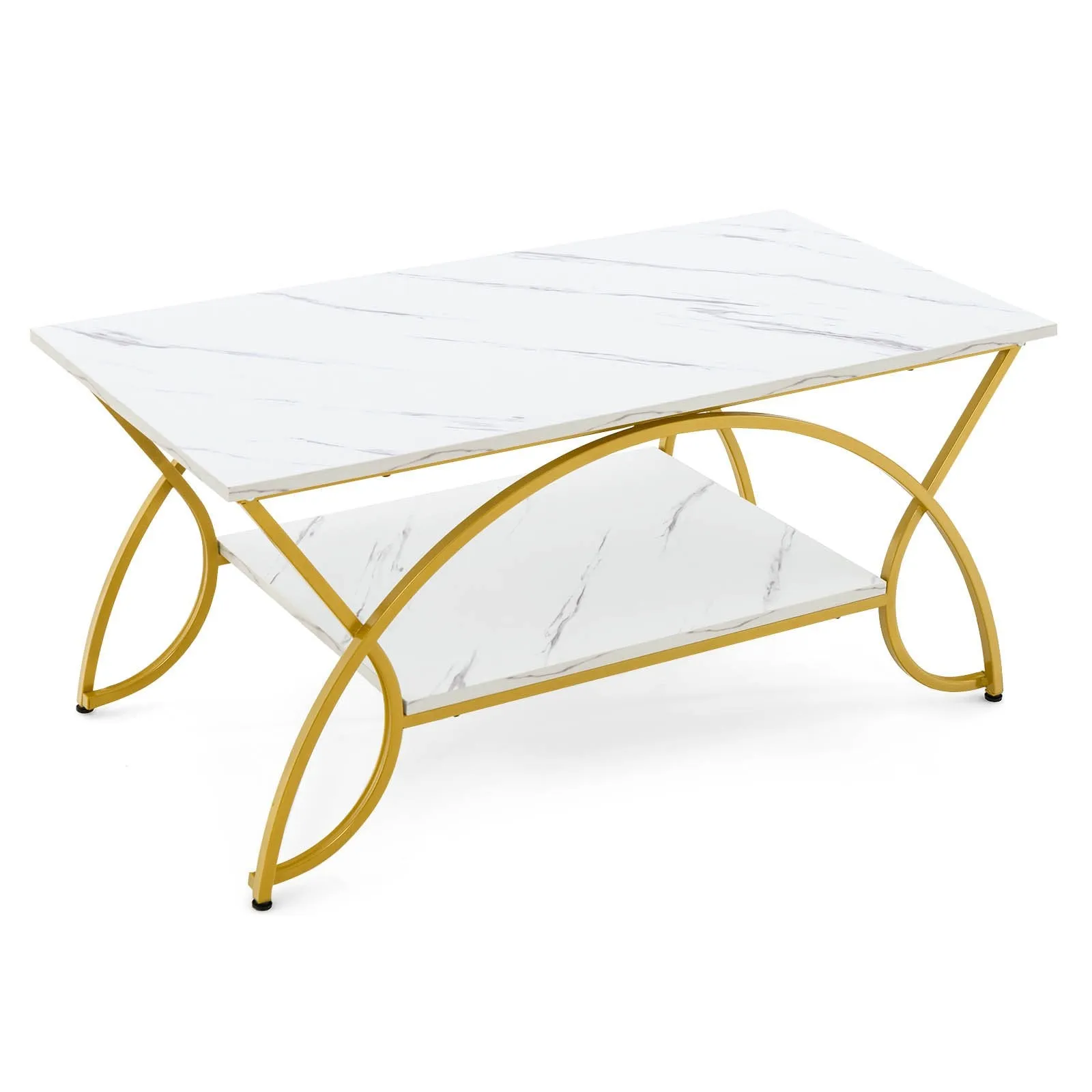 2-Tier Faux Marble Coffee Table with Golden Metal Frame-White