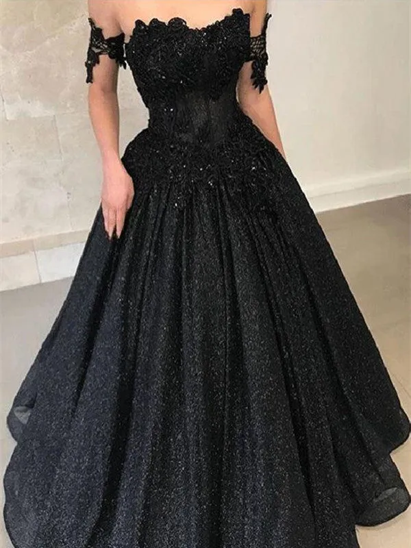 A Line Off Shoulder Lace Black Long Prom Dresses, Black Lace Formal Dresses, Evening Dresses