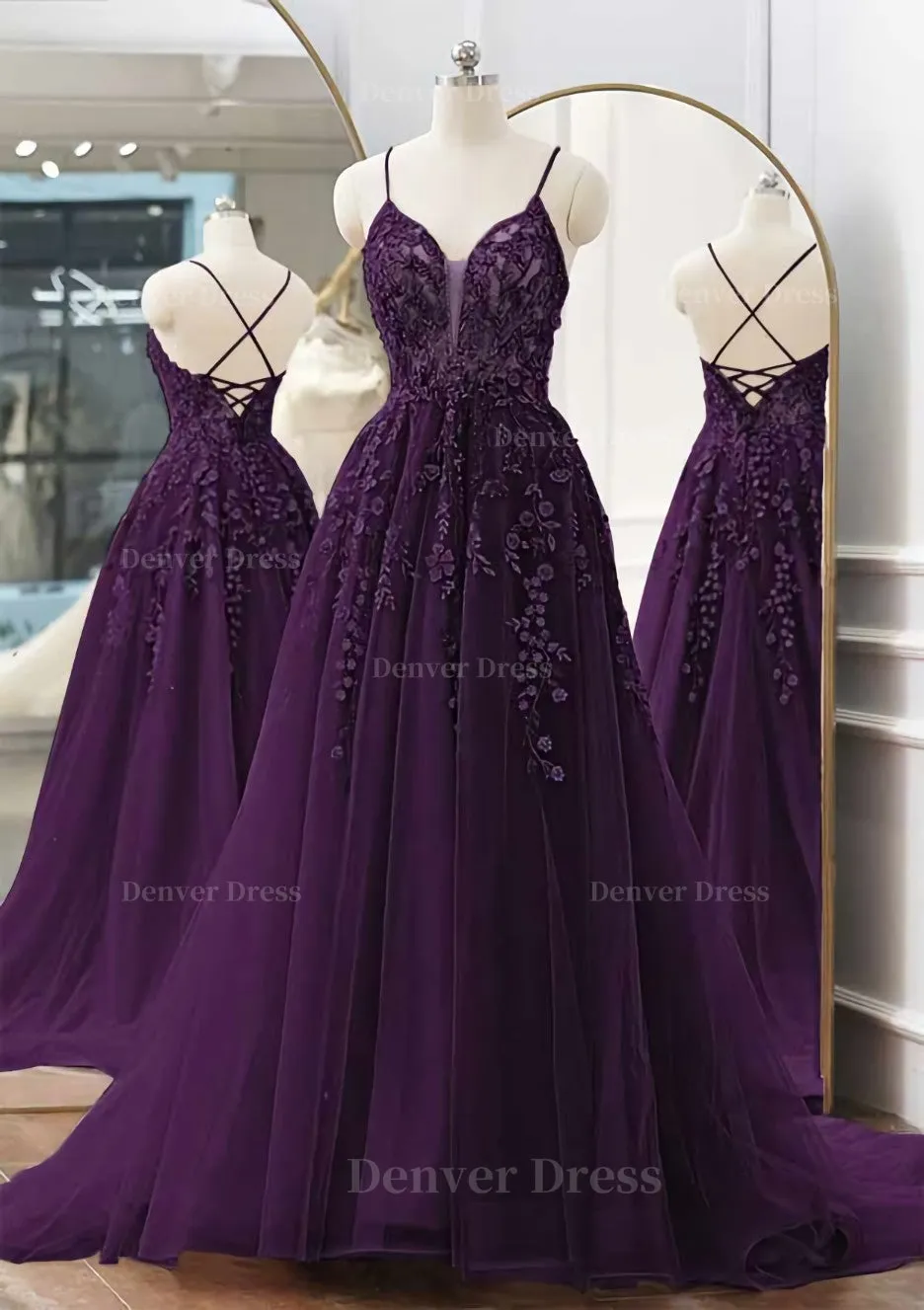 A-line V Neck Spaghetti Straps Sweep Train Tulle Prom Dress With Appliqued Beading