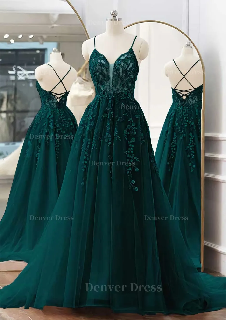 A-line V Neck Spaghetti Straps Sweep Train Tulle Prom Dress With Appliqued Beading