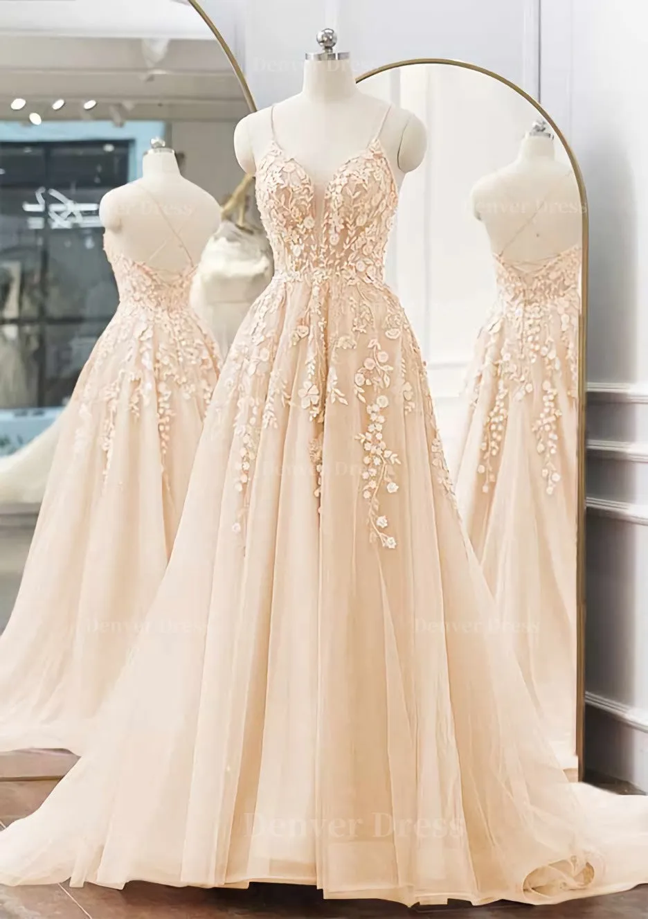 A-line V Neck Spaghetti Straps Sweep Train Tulle Prom Dress With Appliqued Beading