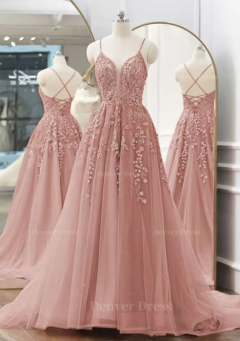 A-line V Neck Spaghetti Straps Sweep Train Tulle Prom Dress With Appliqued Beading