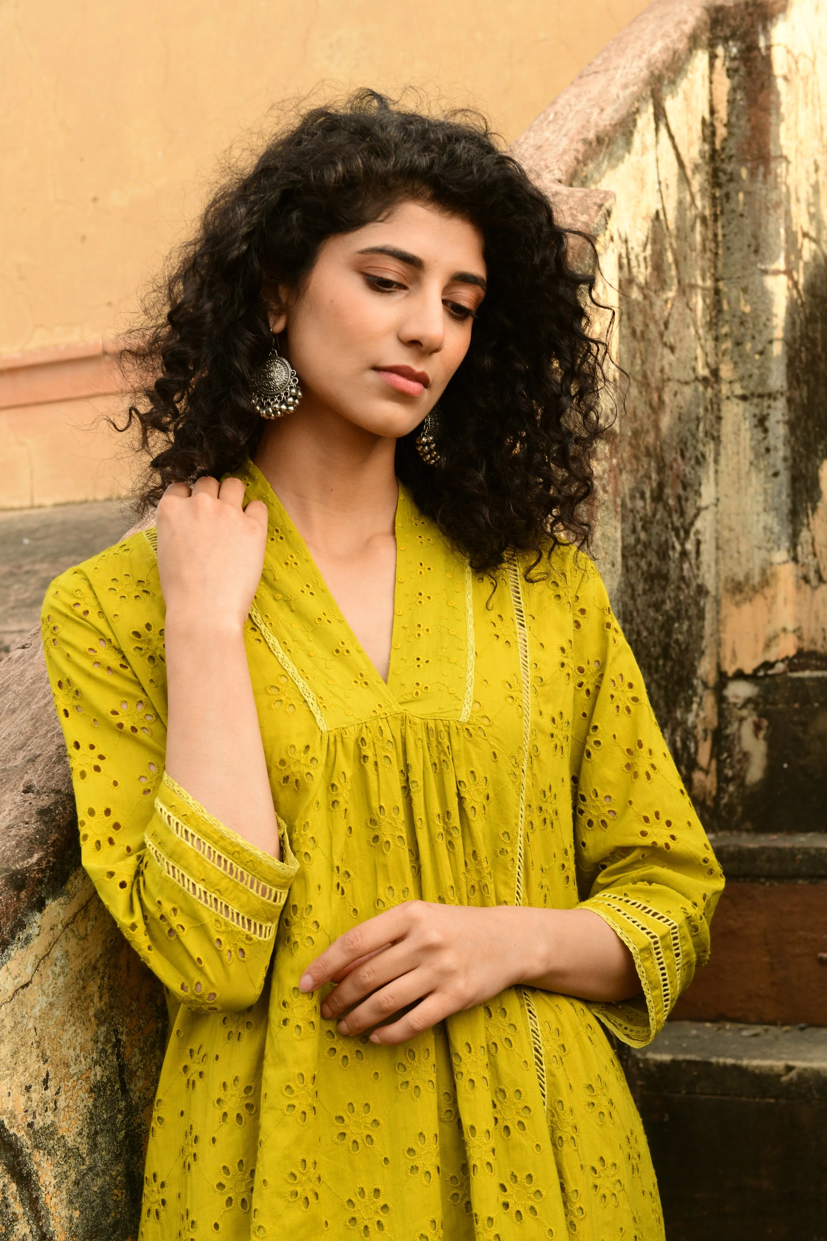 Aaravi Dyed Schiffli Mustard Yellow Suit Set