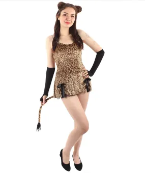 Adult Women’s Short Brown Leopard Costume Bundle| Sexy Short Jumpsuit with Ears and Socks| Flame-retardant Synthetic Materials