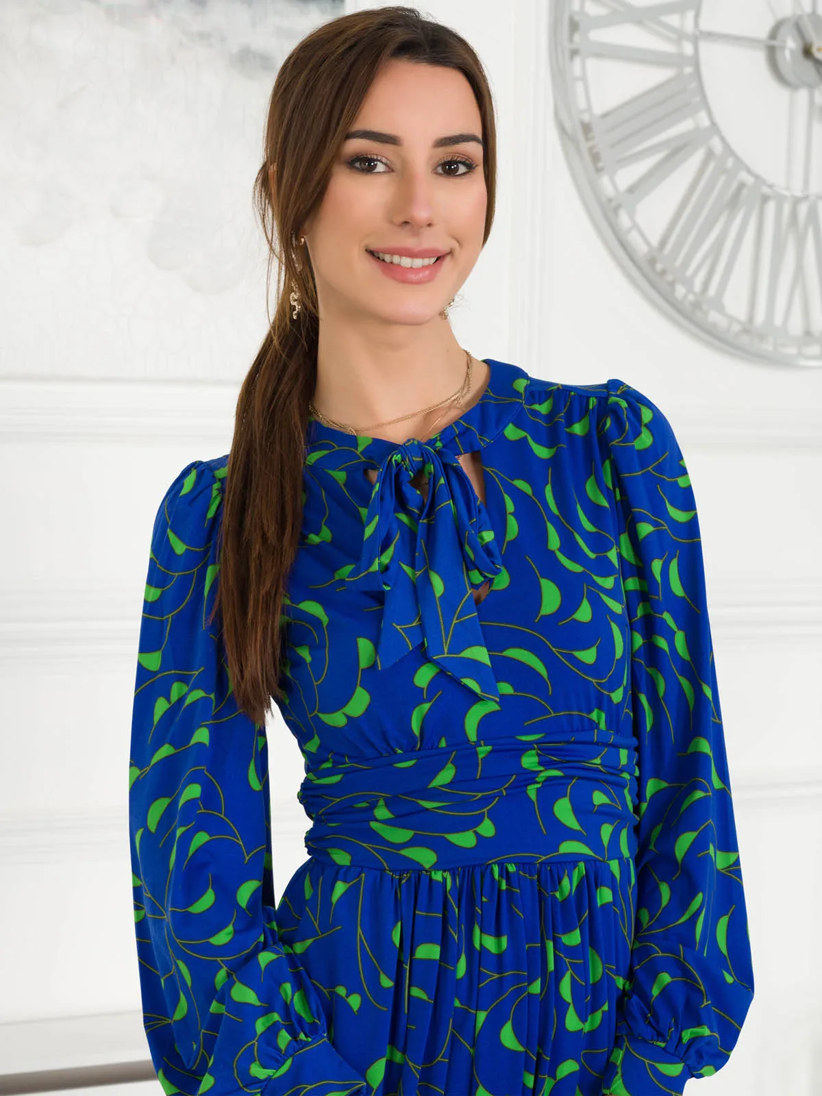 Allyn Bow Neck Long Sleeve Dress, Royal Multi