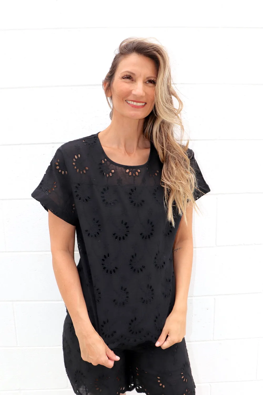 Anglaise Short Sleeve Cotton Top in Black