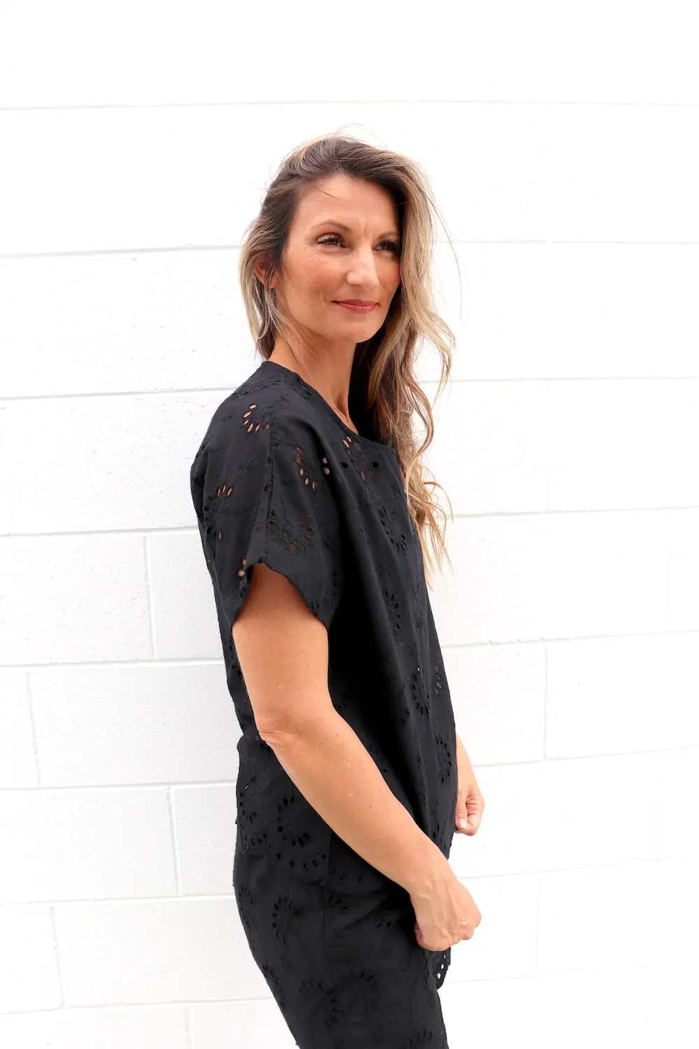 Anglaise Short Sleeve Cotton Top in Black