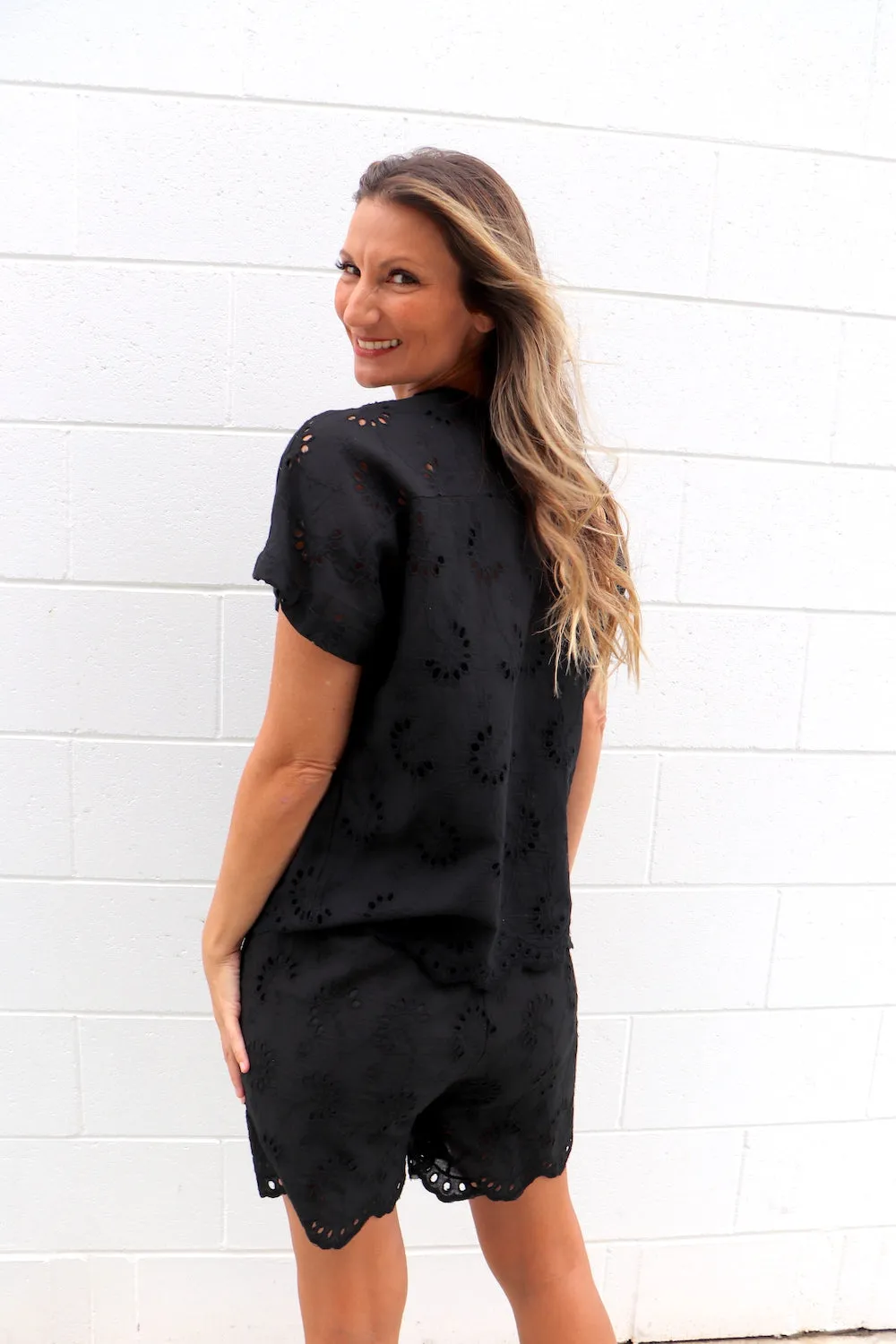 Anglaise Short Sleeve Cotton Top in Black