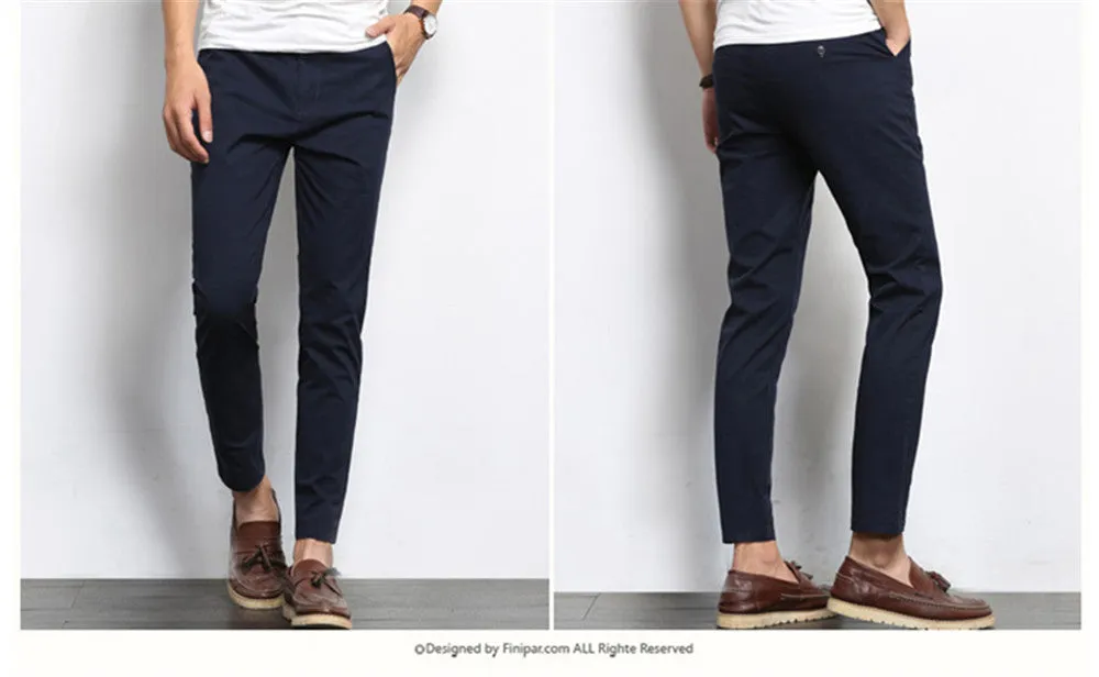 Autumn Mens Fashion Solid Color Casual Straight Slight Elastic Ankle-Length High Quality Formal Trousers Pants