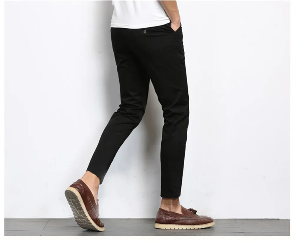 Autumn Mens Fashion Solid Color Casual Straight Slight Elastic Ankle-Length High Quality Formal Trousers Pants