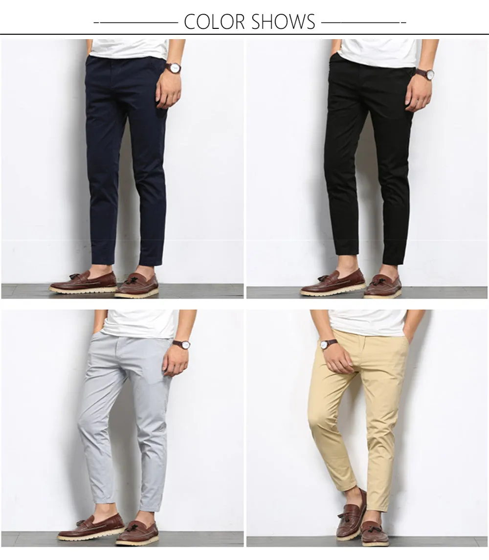 Autumn Mens Fashion Solid Color Casual Straight Slight Elastic Ankle-Length High Quality Formal Trousers Pants