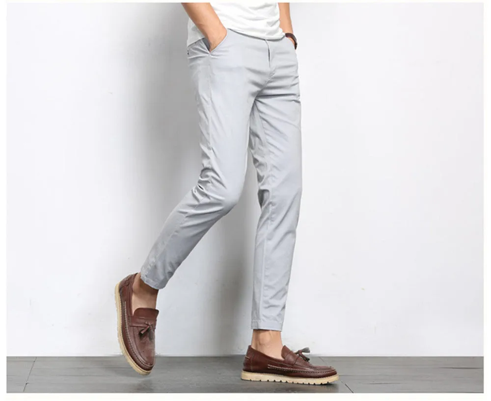 Autumn Mens Fashion Solid Color Casual Straight Slight Elastic Ankle-Length High Quality Formal Trousers Pants