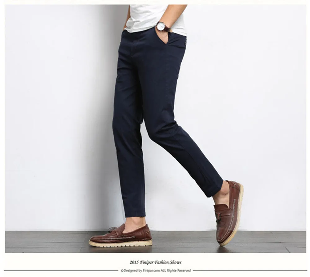 Autumn Mens Fashion Solid Color Casual Straight Slight Elastic Ankle-Length High Quality Formal Trousers Pants