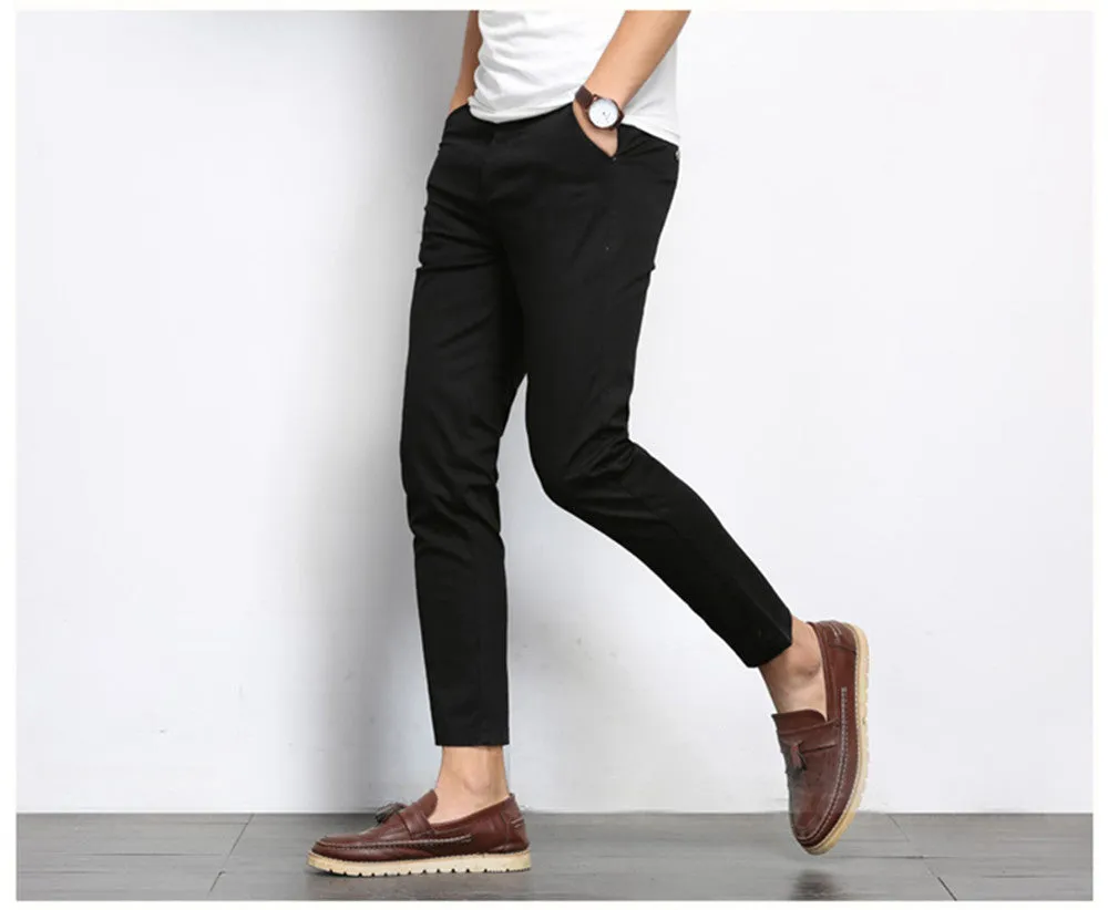 Autumn Mens Fashion Solid Color Casual Straight Slight Elastic Ankle-Length High Quality Formal Trousers Pants