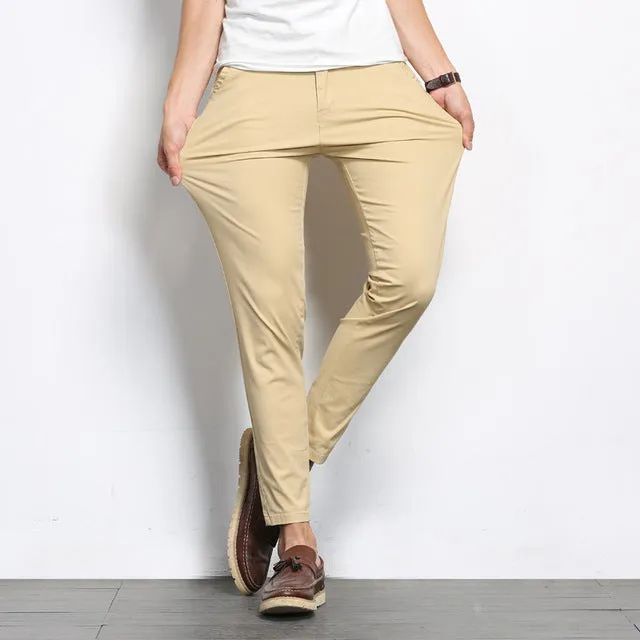 Autumn Mens Fashion Solid Color Casual Straight Slight Elastic Ankle-Length High Quality Formal Trousers Pants