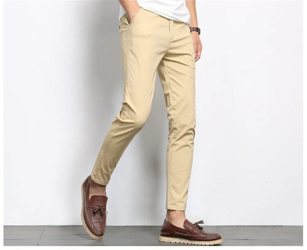 Autumn Mens Fashion Solid Color Casual Straight Slight Elastic Ankle-Length High Quality Formal Trousers Pants