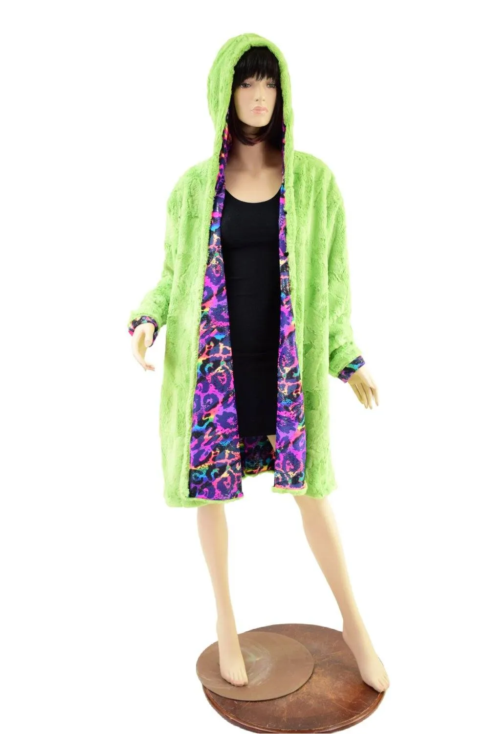 Avocado Minky and Rainbow Leopard Reversible A Line Coat