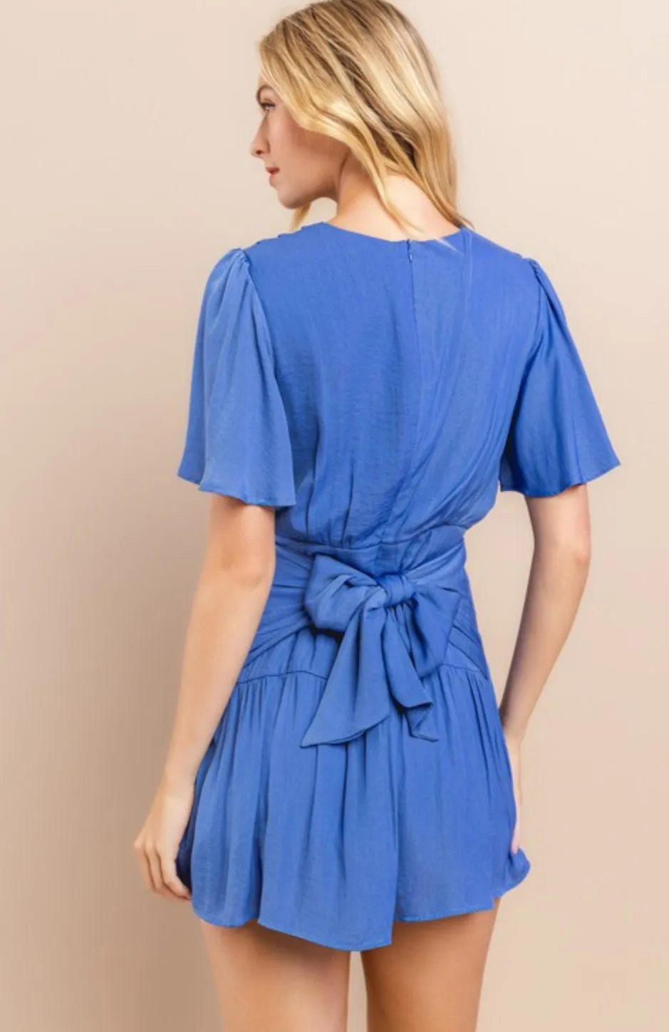 Bell slve mini dress with waist self wrap tie black-blue