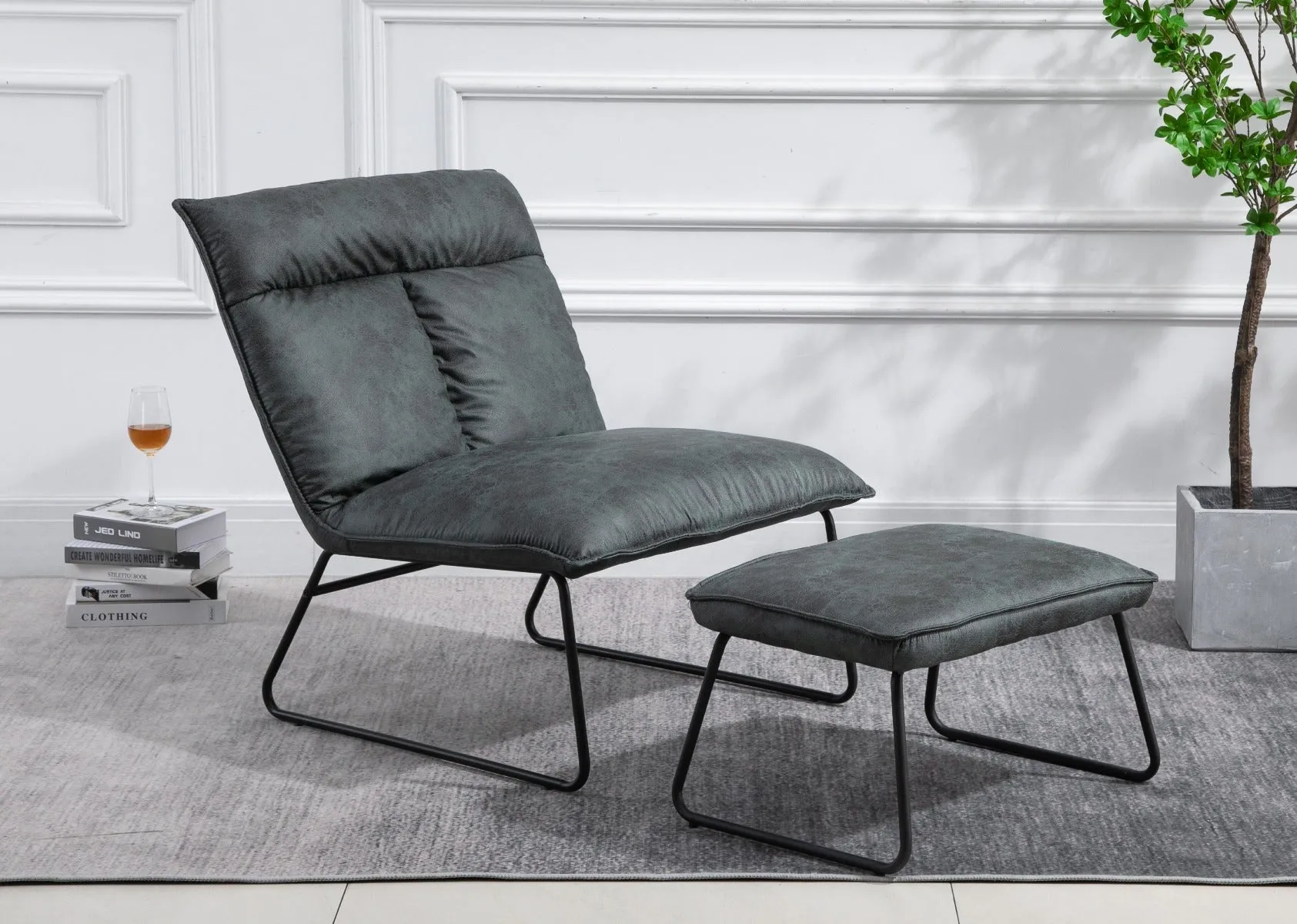 Black and Dark Green Upholstered Chair Lounge Chair with Footstool