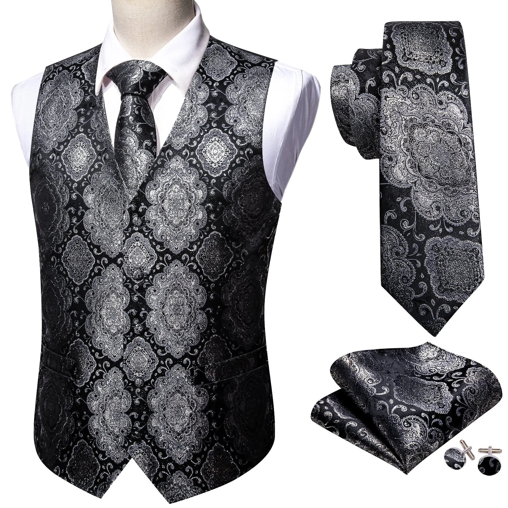 Black Grey Novelty Jacquard Silk Men's Vest Hanky Cufflinks Tie Set