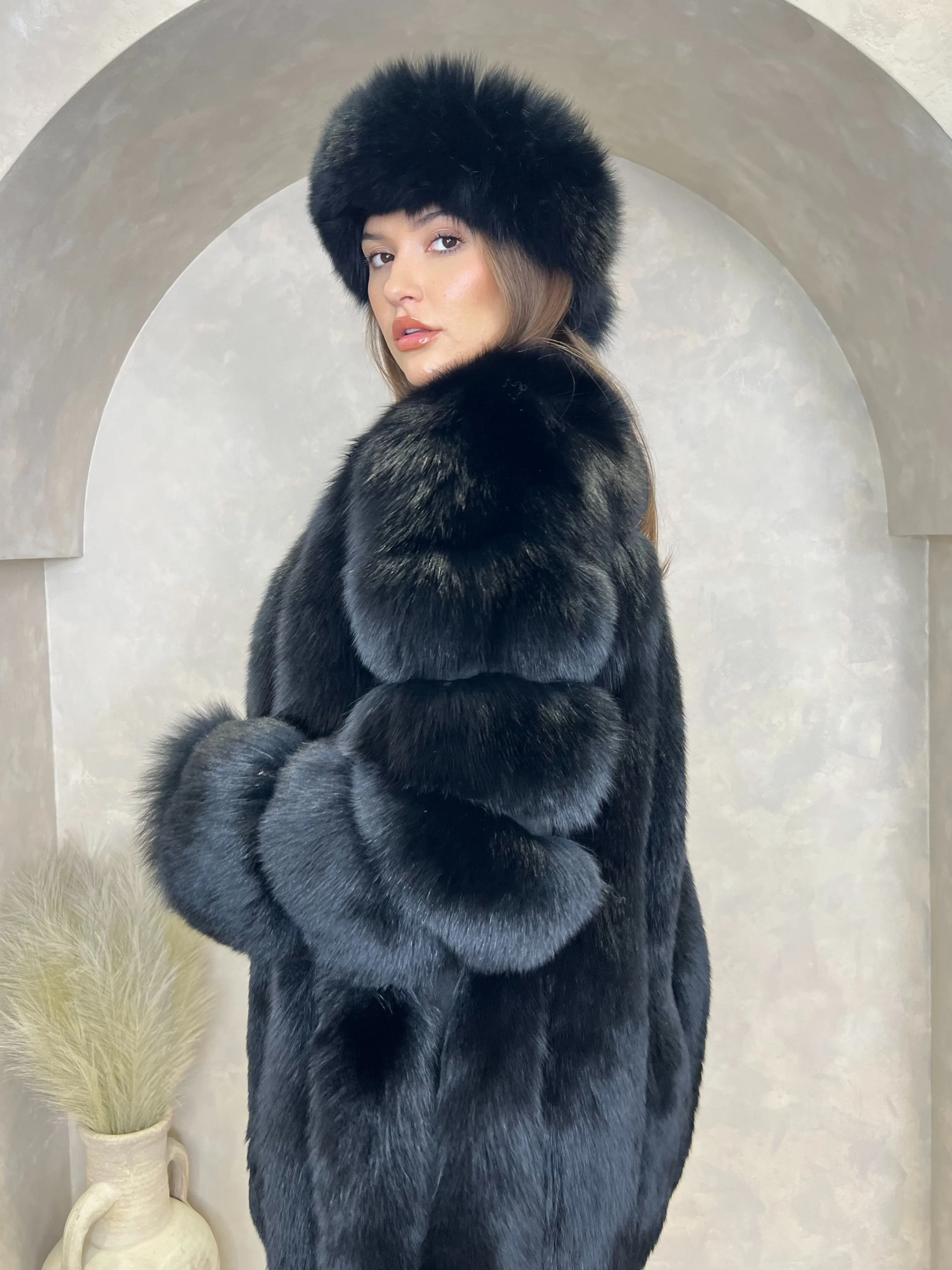 Black Luxury Fur Mid Length Coat