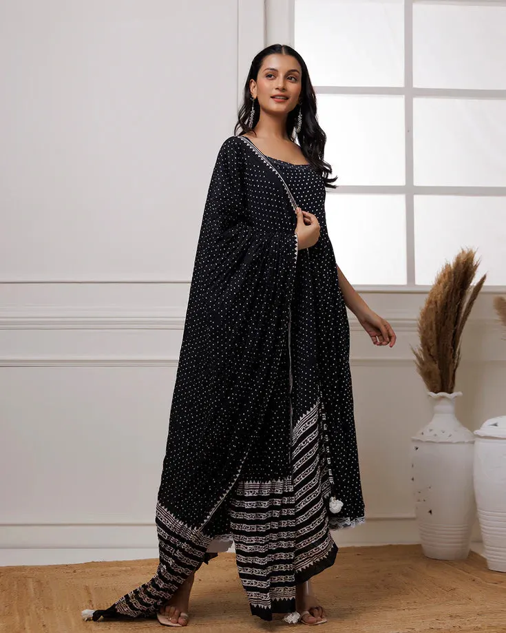 Black Mul Mul Polka Dot Anarkali Suit with Solid White Pants and a Dupatta