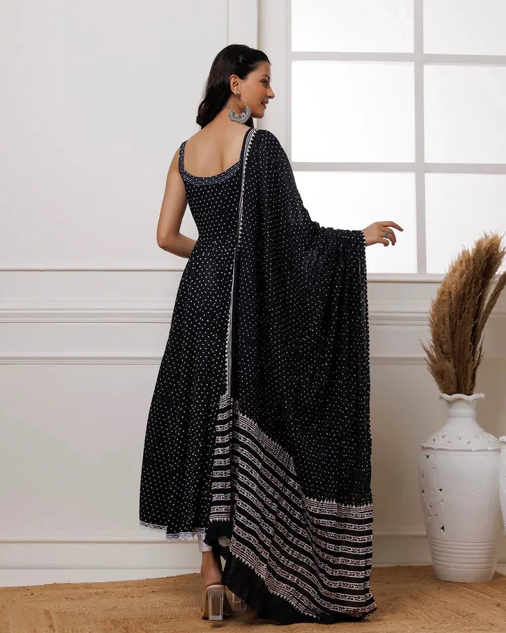 Black Mul Mul Polka Dot Anarkali Suit with Solid White Pants and a Dupatta