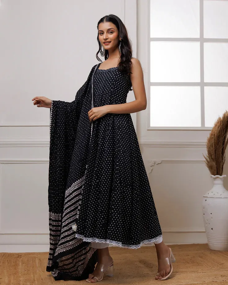 Black Mul Mul Polka Dot Anarkali Suit with Solid White Pants and a Dupatta