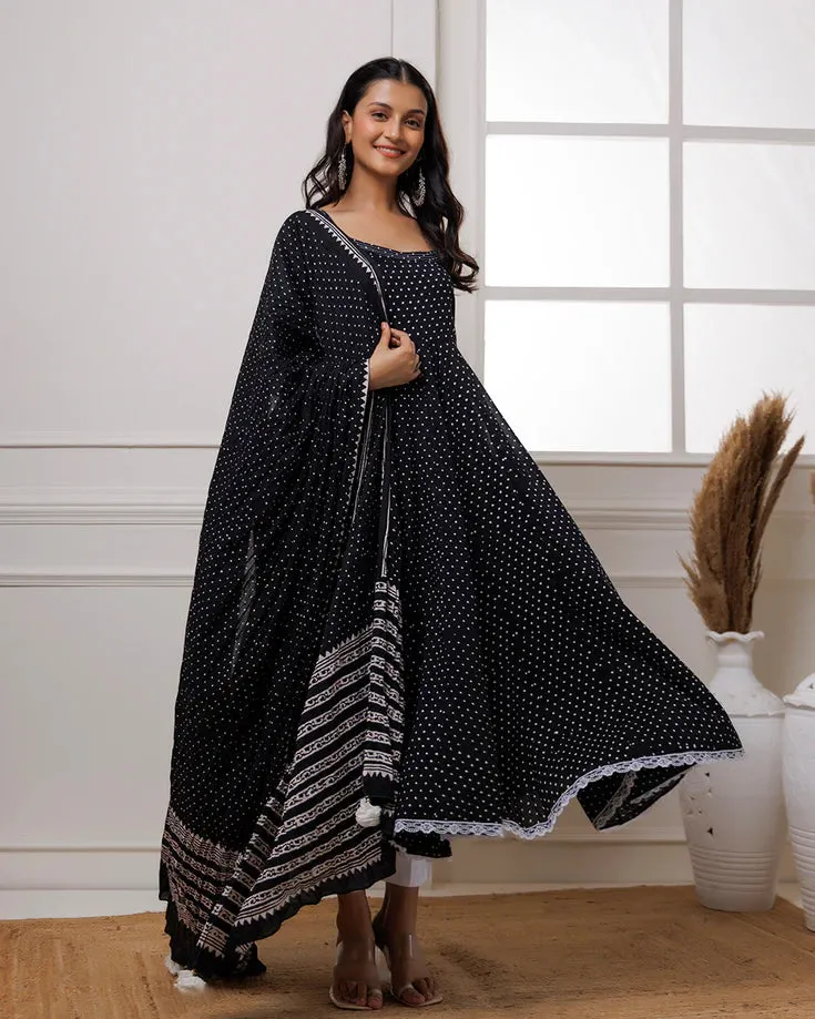 Black Mul Mul Polka Dot Anarkali Suit with Solid White Pants and a Dupatta