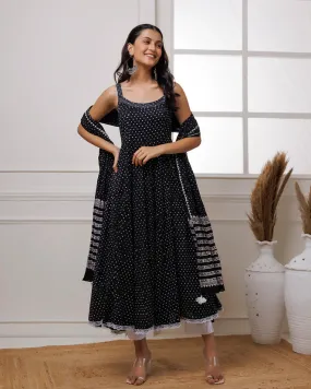 Black Mul Mul Polka Dot Anarkali Suit with Solid White Pants and a Dupatta