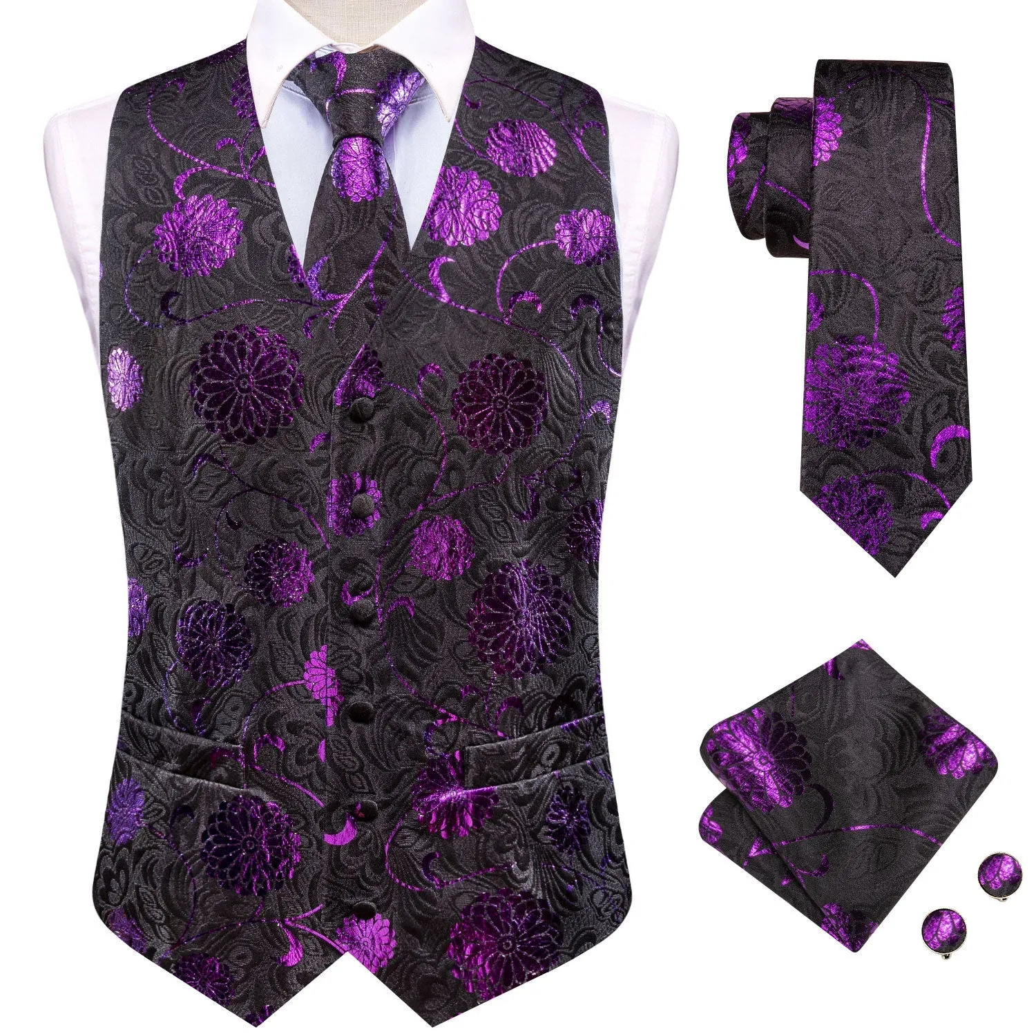 Black Purple Flower Floral Jacquard Silk Men's Vest Hanky Cufflinks Tie Set