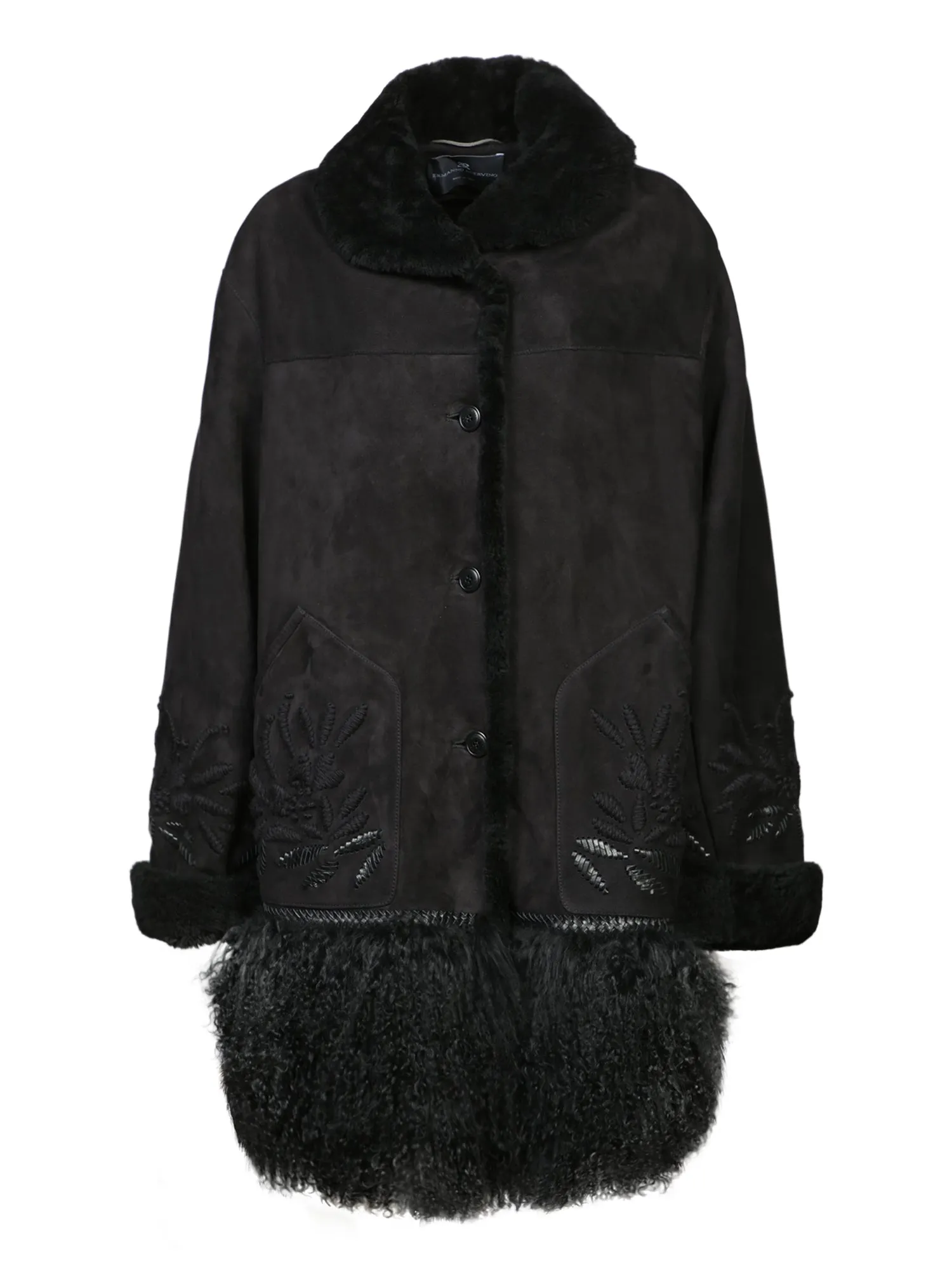 Black Shearling Embroidered Coat