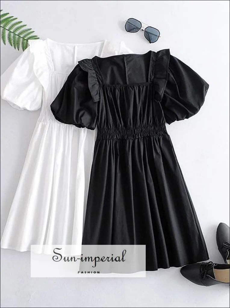 Black Short Puff Sleeve Square Neck Mini Dress