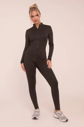 Black Zip Front Long Sleeve Jumpsuit - Whitney