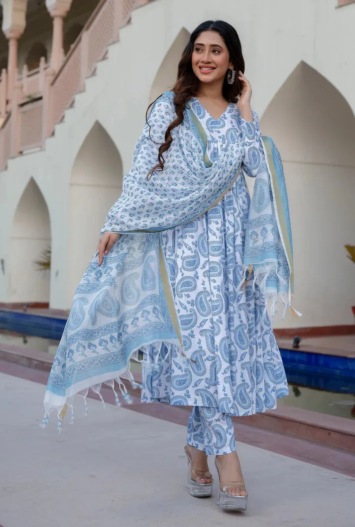 Blue & White Viscose Flared Block Print Kurta Pant Set with Kota Doria Dupatta