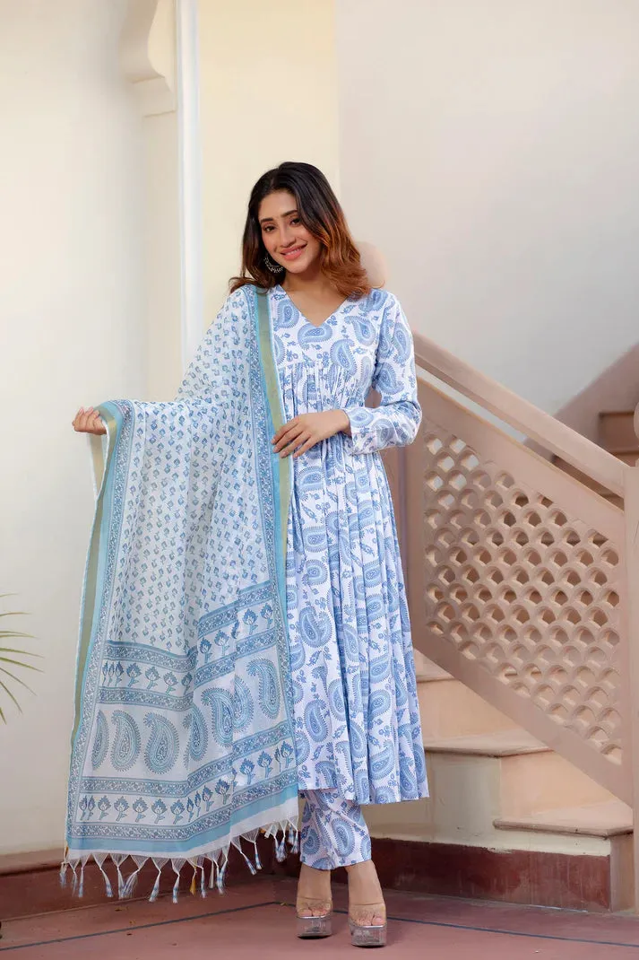 Blue & White Viscose Flared Block Print Kurta Pant Set with Kota Doria Dupatta