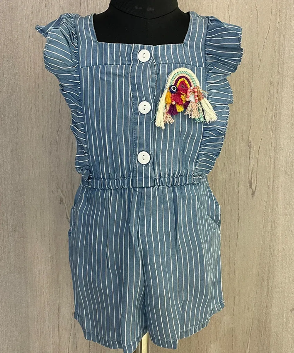 Blue Colored Self-Striped Jumpsuit for Girls