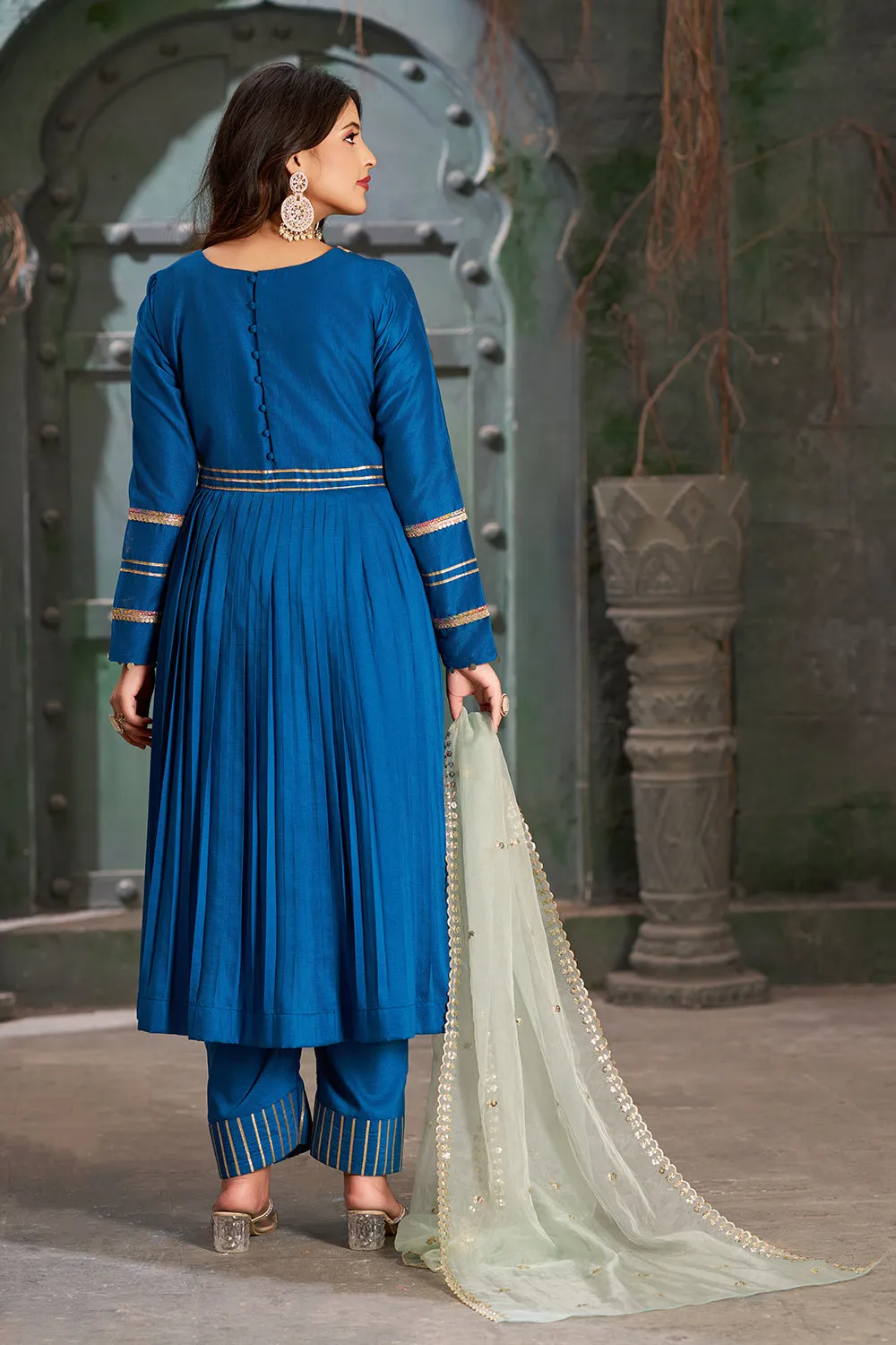 Blue Flared Anarkali Kurta Set with Trousers and Dupatta