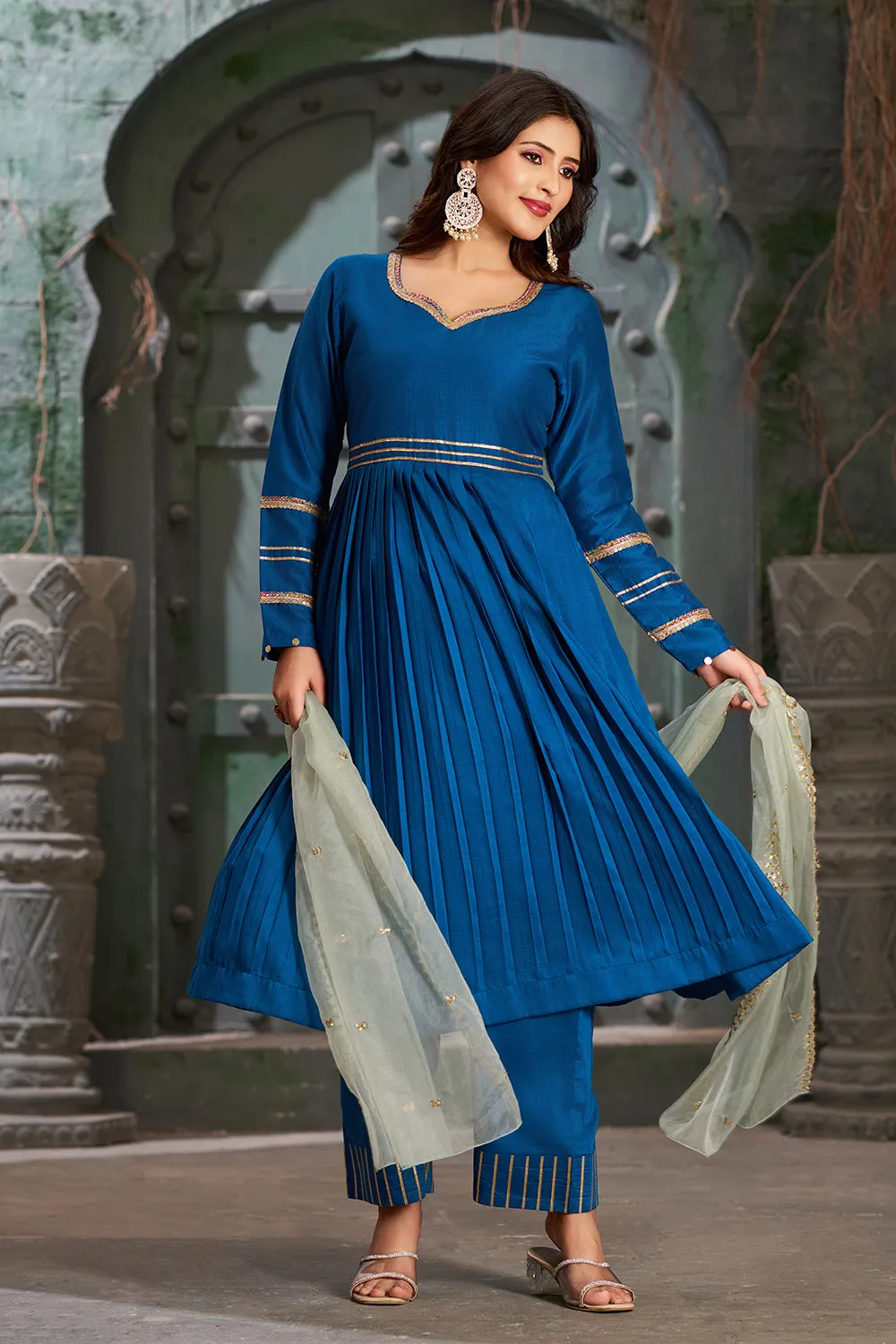 Blue Flared Anarkali Kurta Set with Trousers and Dupatta