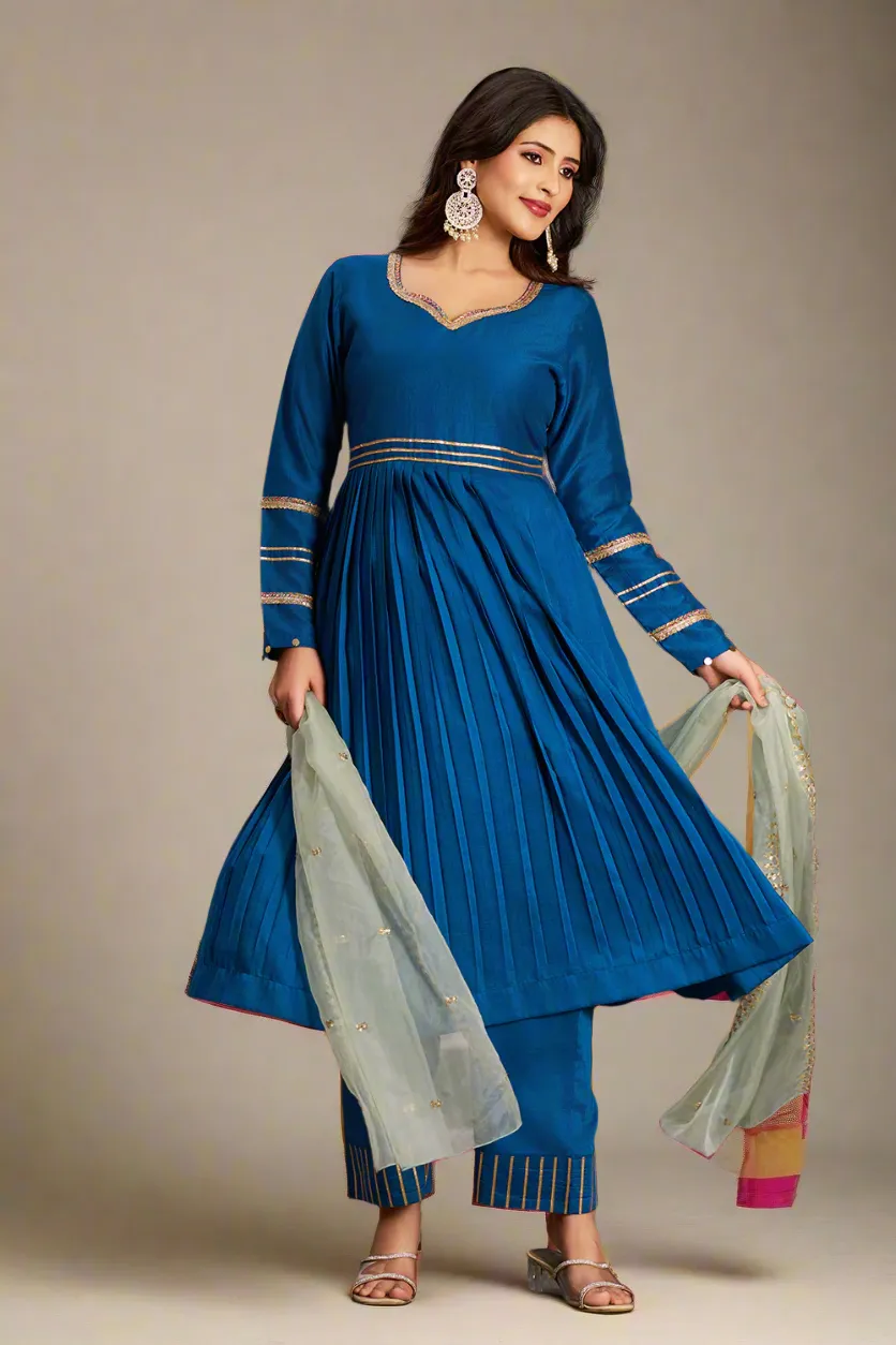 Blue Flared Anarkali Kurta Set with Trousers and Dupatta