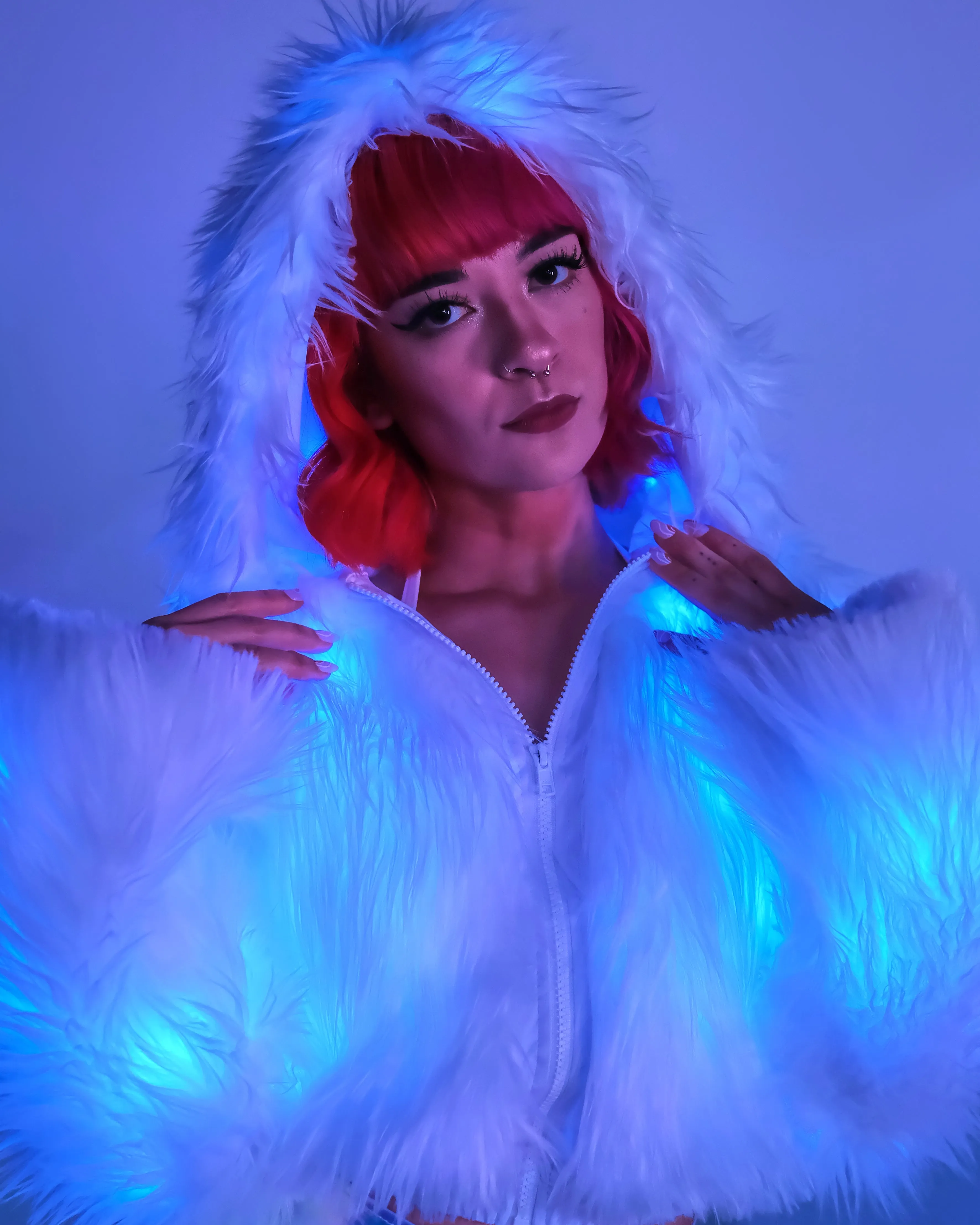 Blue LED White Furry Cropped Hooded Jacket